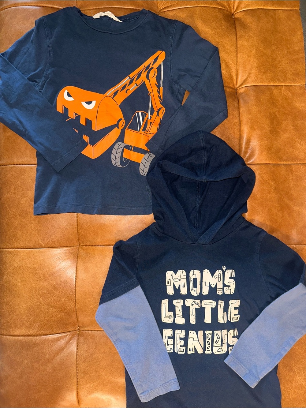 H&M Navy Long-Sleeve Tee with Orange Excavator Graphic